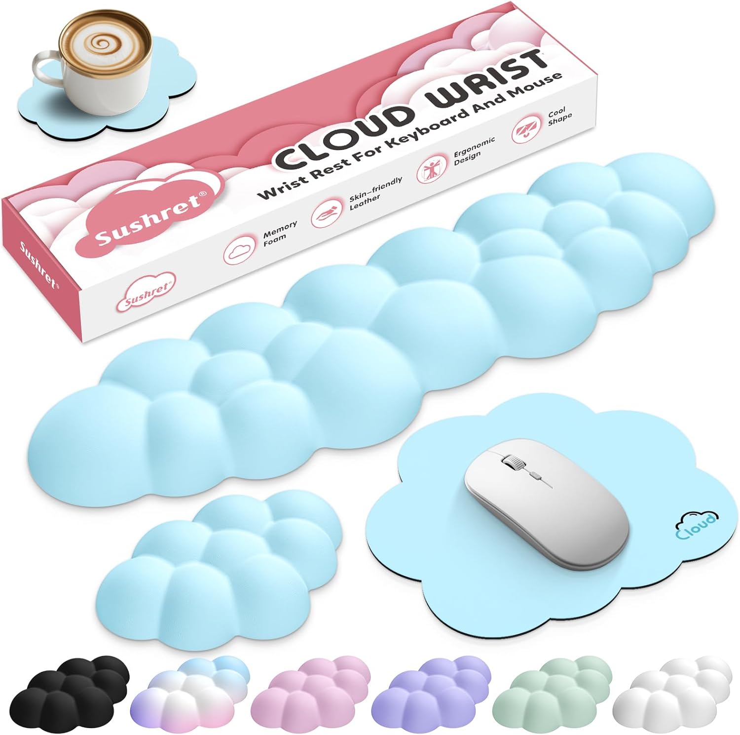Cloud Wrist Rest for Computer Keyboard, 4-in-1 Memory Foam Leather Cloud Keyboard Wrist Rest and Mouse Pad Set with Ergonomic Support for Arm and Palm Cushion, Gaming/Work Setup, Blue