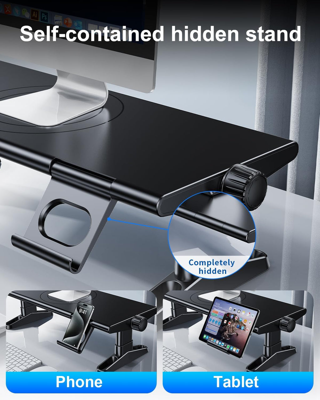 Computer Monitor Stand Riser for Desk with Usb Hub Charging,30W/5Gbps Usb C Docking Station with Power,4.5-6.3''Freely Height Adjustable with Phone Holder,Monitor Stands Riser for PC,Laptop,Printer,TV