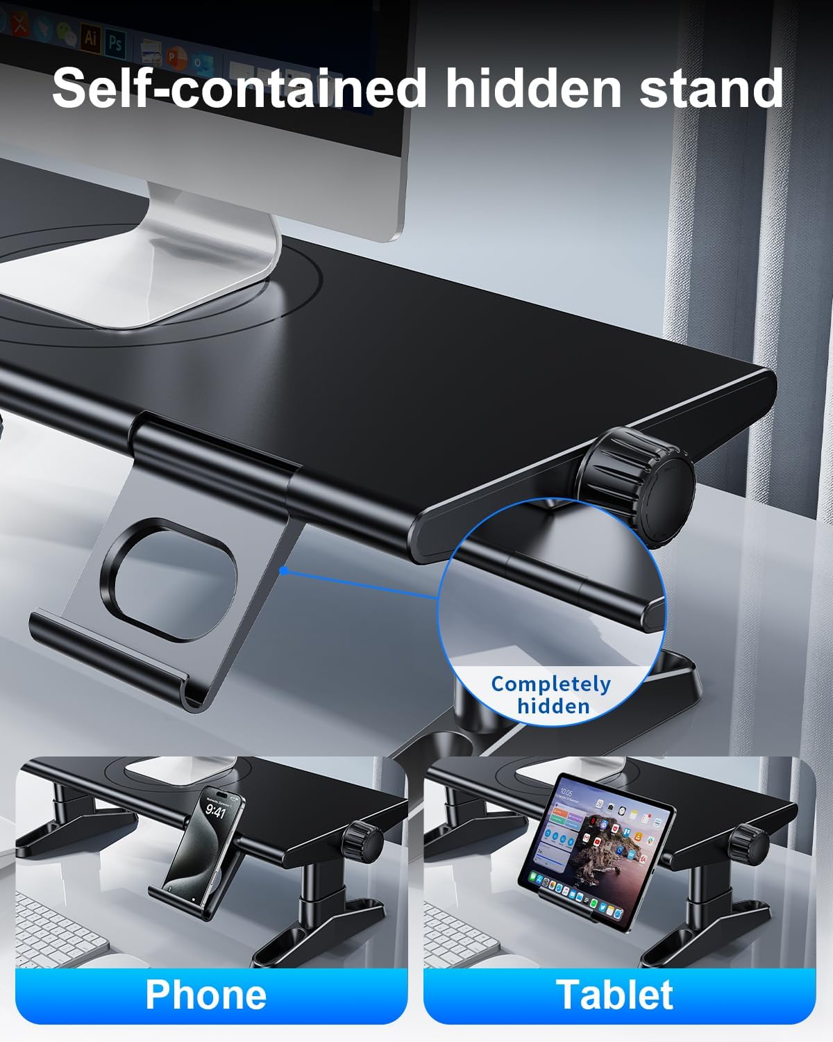 Computer Monitor Stand Riser for Desk with Usb Hub Charging,30W/5Gbps Usb C Docking Station with Power,4.5-6.3''Freely Height Adjustable with Phone Holder,Monitor Stands Riser for PC,Laptop,Printer,TV