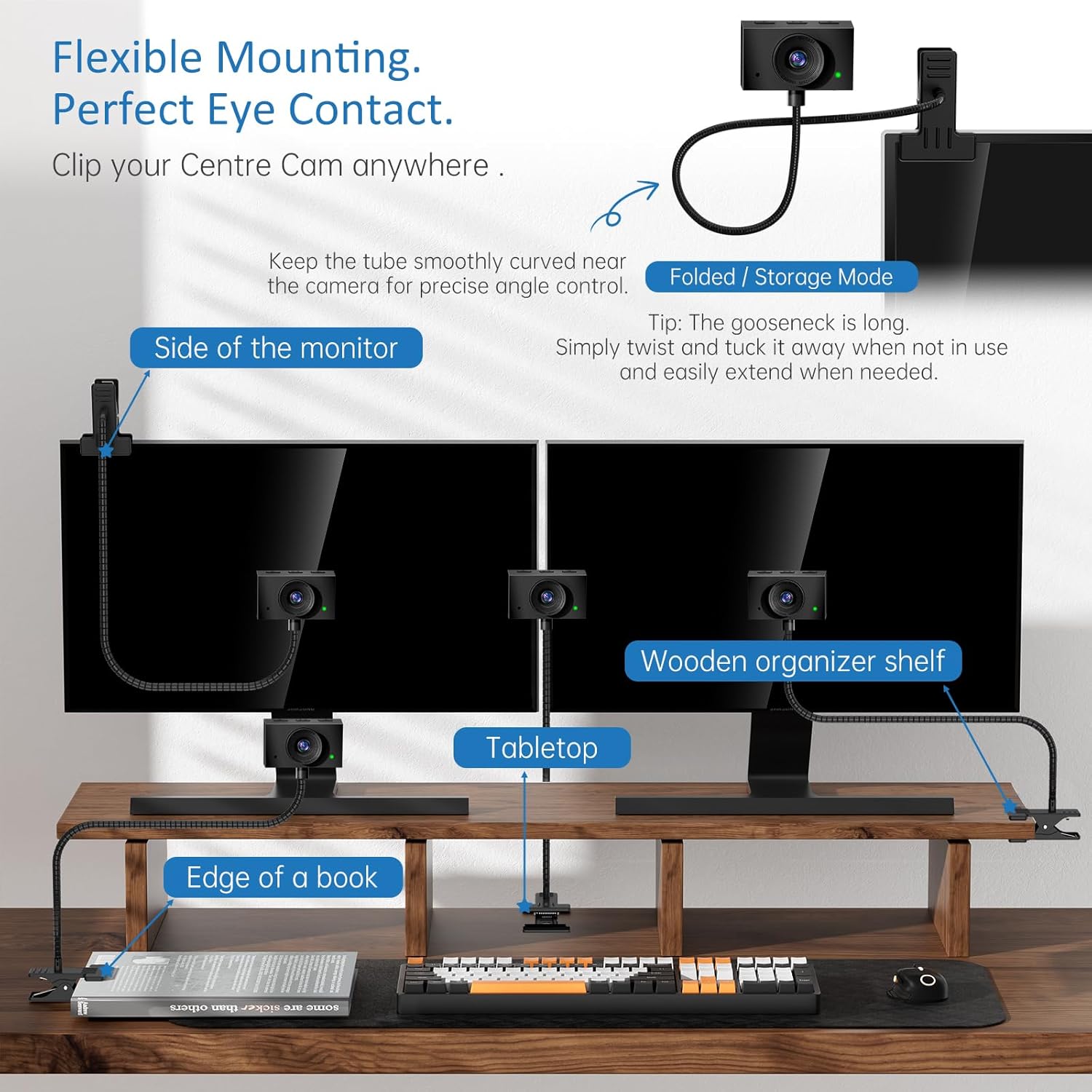 Eye Contact Web Camera for Desktop Computer – 1080P USB Camera with Microphone & Stand, Center Cam for Laptop or Desktop, Manual Focus, Plug & Play for macOS & Windows（Black）