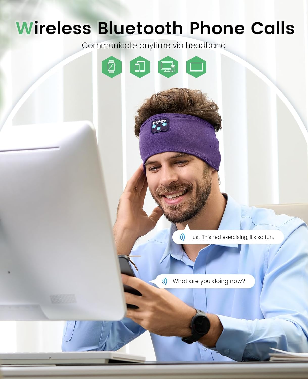 Perytong Sleep Headphones Bluetooth Headband - Yoga, Unisex, with Immersive Stereo Sound, 10 Hours Battery, Comfy Headband Material