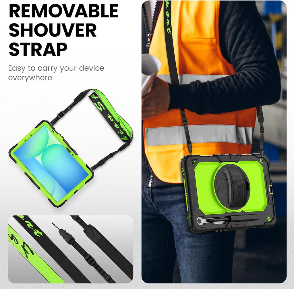 Timecity Case for Samsung Galaxy Tab S10 FE/ S9 FE 5G 10.9 Inch/ S9 11 Inch - Heavy Duty Protective Cover with Screen Protector, Rotating Stand, Shoulder Strap & S Pen Holder | Kids-Friendly, Green