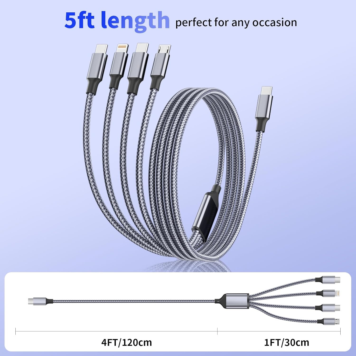 USB C Multi Charging Cable [1Pack 5FT], 4 in 1 Charging Cable Nylon Braided USB-C Multiple Charger Cord with Micro USB,IP Port and 2 Type C Adapter Port for iPhone 16/15 Series/Cell Phones and More