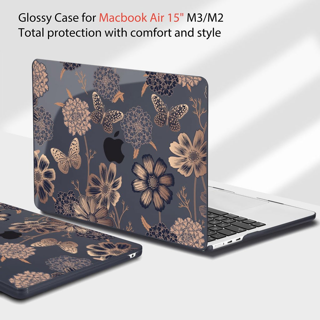 Teryeefi Compatible with M3 MacBook Air 15 inch Model A2941 [2023 2024], Designed Hard Shell Case & Keyboard Cover & Screen Protector,Flowers & Butterfly