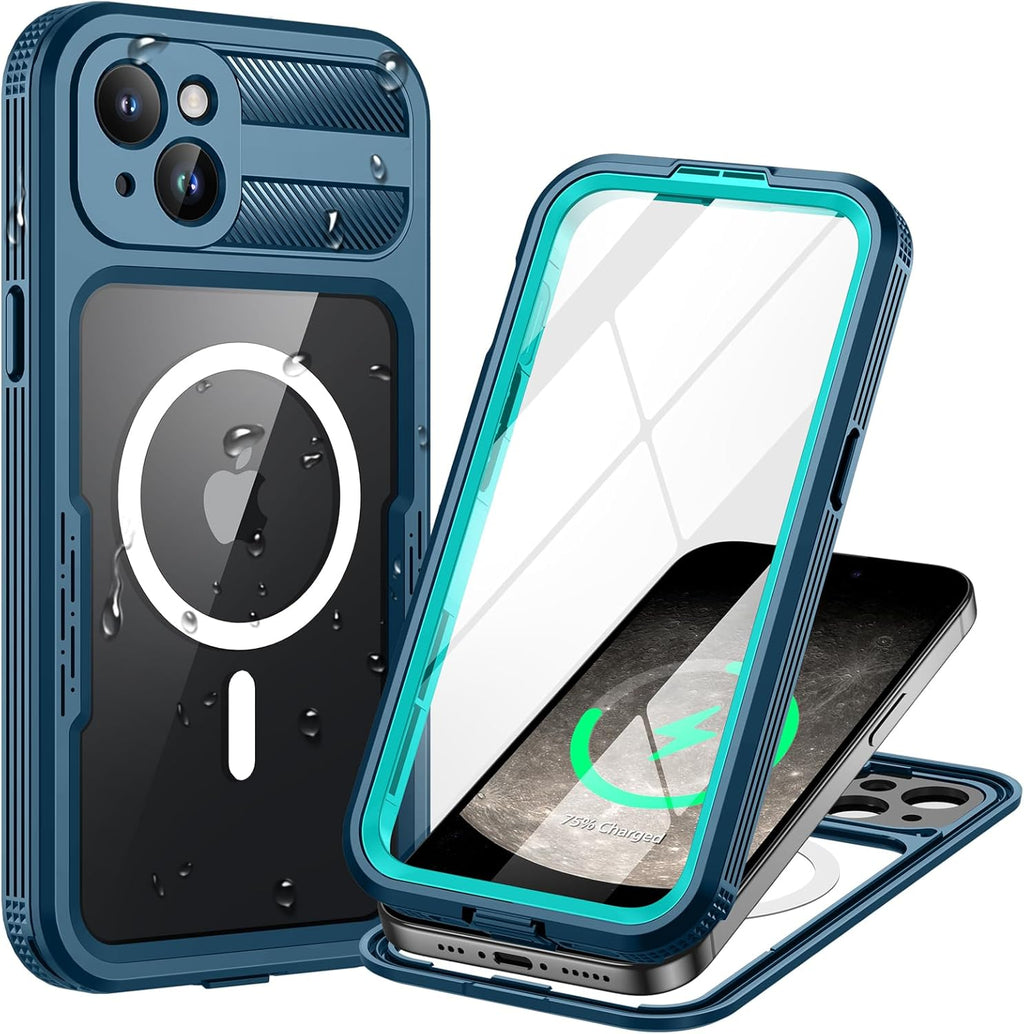 Lanhiem Magnetic for iPhone 15 Plus Case, IP68 Waterproof Dustproof Case, [Compatible with Magsafe] [Built-in Screen Protector] Full Body Heavy Duty Rugged Phone Cover 6.7 inch, Blue/Clear