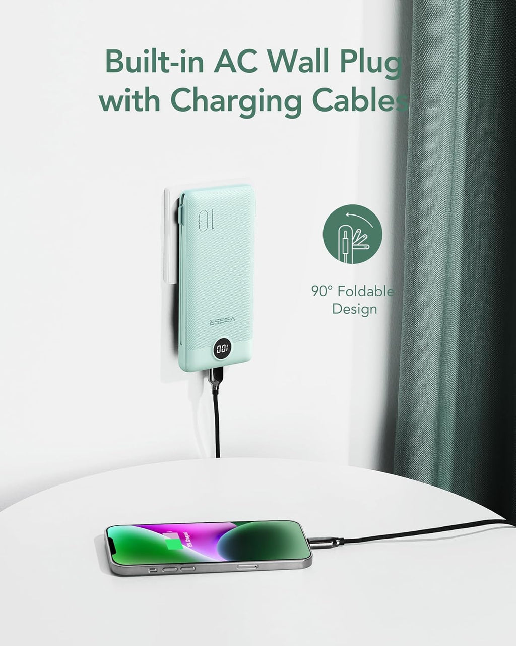 VEGER Portable Charger for iPhone with Built in Cables and Wall Plug, 10000mah Slim Fast Charging USB C Power Bank, Travel Essential Battery Pack Compatible with iPhone, iPad, Samsung etc(Green)