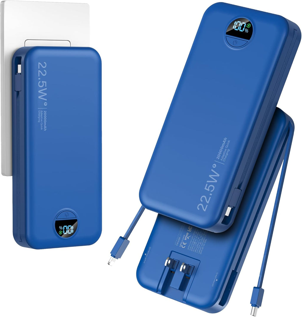 20000mAh Ultra-Portable-Charger-Power-Bank with Built in Cables&AC Wall Plug,PD20W USB-C Fast Charging Cell Phone Charger Battery Pack,LED Display Travel Battery Bank for All iPhone,Samsung,Android