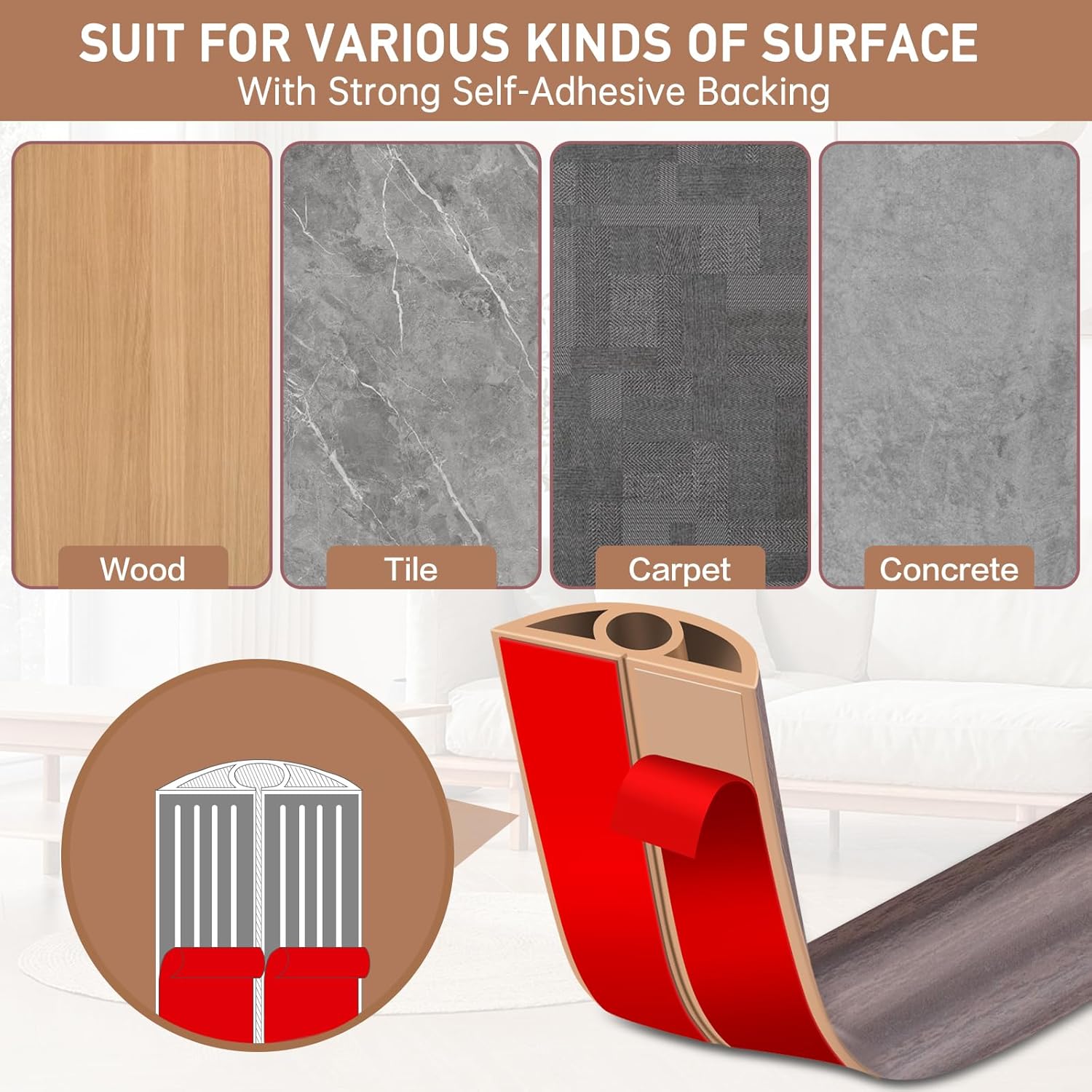 Floor Cord Cover Self Adhesive Cord Hider Floor Extension Cord Covers for Floor Power Cord Protector Cable Management Prevent Cable Trips Cable Cavity 0.32" W x 0.32" H (Brown Walnut Wood, 3.3Ft)