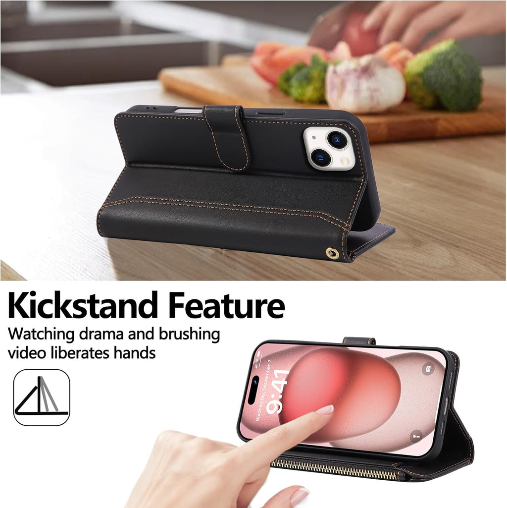 Compatible with iPhone 15 Wallet Phone Case-PU Leather Magnetic Flip Cover with Credit Card Slots,Zipper Pocket & Detachable Wrist Strap,Shockproof Design,for Women and Men-Black