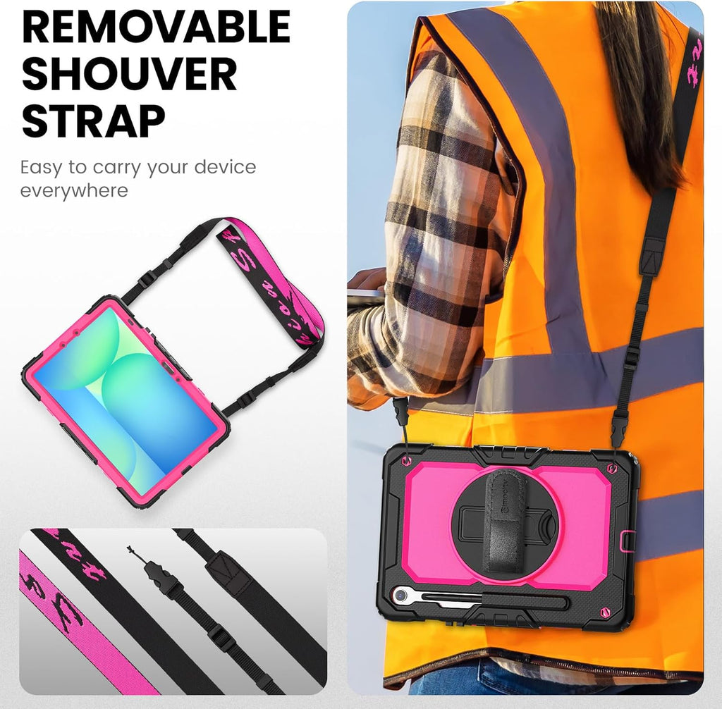 Timecity Case for Samsung Galaxy Tab S10 FE/ S9 FE 5G 10.9 Inch/ S9 11 Inch - Heavy Duty Protective Cover with Screen Protector, Rotating Stand, Shoulder Strap & S Pen Holder | Kids-Friendly, Rose