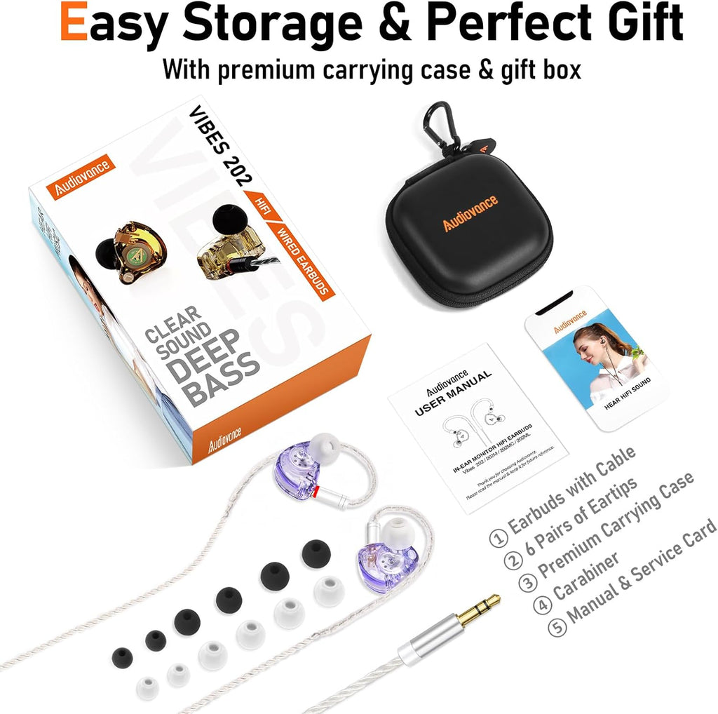 Vibes 202 Wired Earbuds - HiFi in Ear Monitor Headphones – Professional Noise-Isolating Ear Buds - Clear Sound, Deep Bass & Comfort-Fit IEM Earphones - MMCX to 3.5mm, Silver Plated Cord, Carrying Case