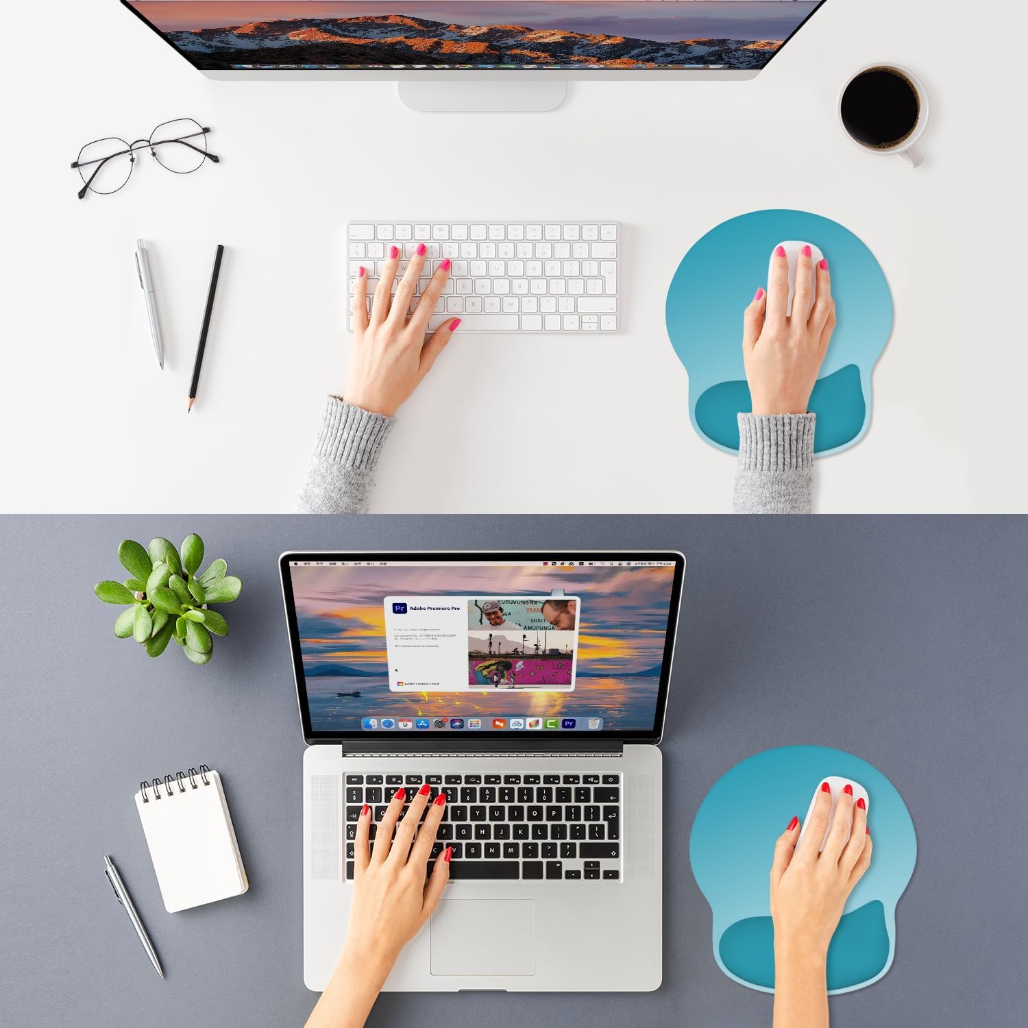 ITNRSIIET Ergonomic Mouse Pad with Wider Memory Foam Wrist Rest +17%, Curved Cushion Reduces Pressure 20%, Pain Relief, Non-Slip, Smooth, Cute Color Desk Accessory, 9.85 x 9 inch, Ombre Blue Gradient