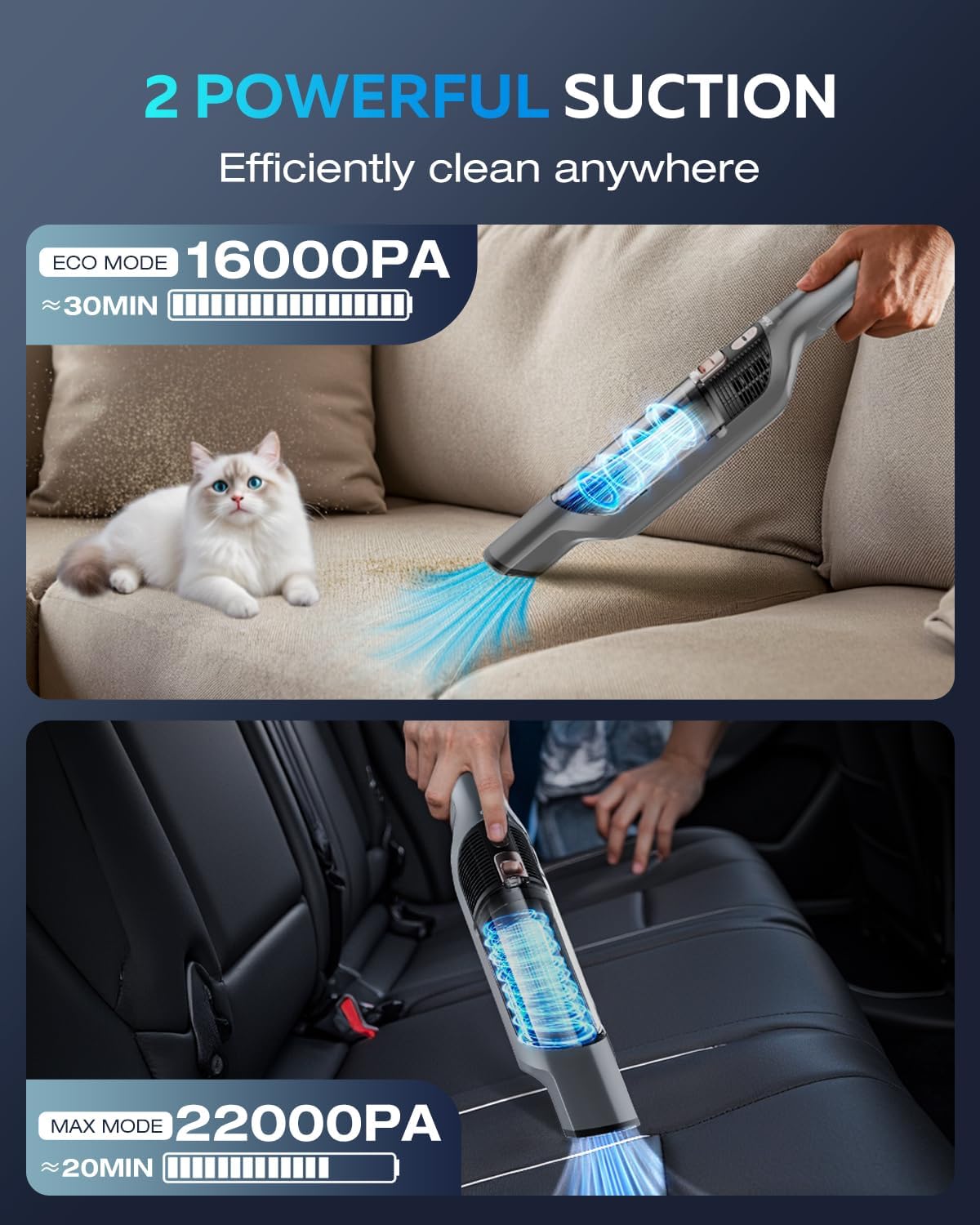 Zefiro Handheld Car Vacuum Cleaner, 22KPa Hand Held Vacuum Cordless Rechargeable with 2 HEPA Filters, 2 High Powerful Suction, 2 Nozzles, Portable Mini Dustbuster for Car, Home, Office, Pet Hair, S10