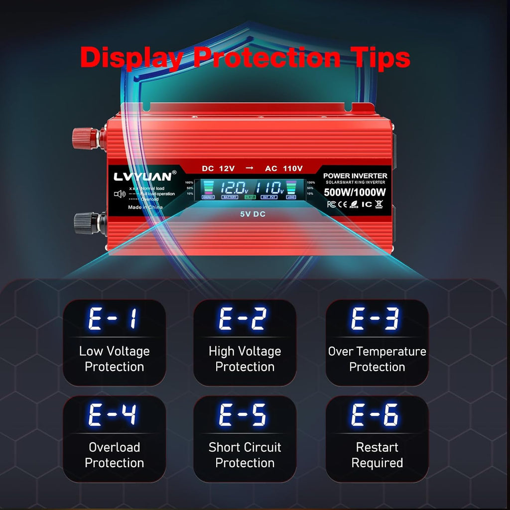 LVYUAN 500W Car Power Inverter 12V to 110V DC to AC with 2 US Sockets, Cigarette Lighter, LCD Display, USB Ports for Car, Home,Outdoor, Camping