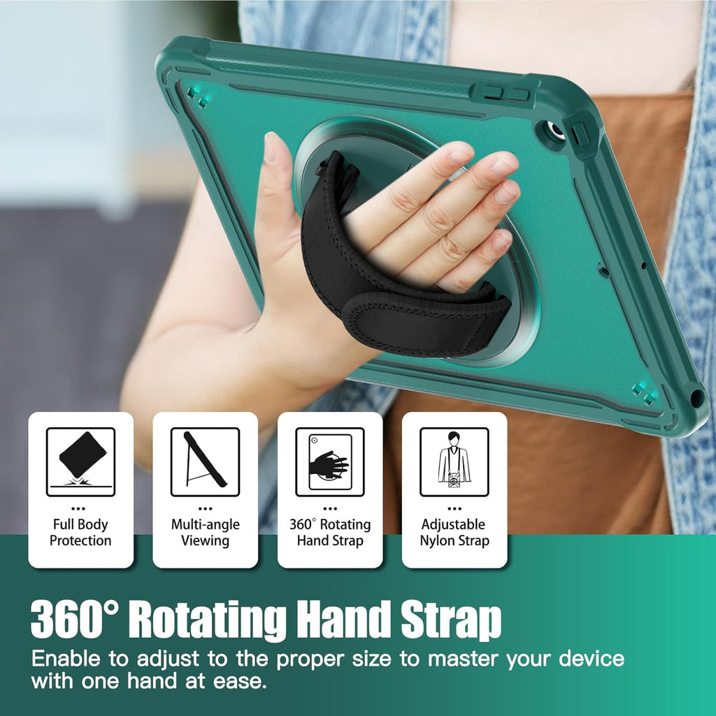 ZenRich Clear Case for iPad 9th/8th/7th Generation 10.2 inch 2021/2020/2019, Shockproof Slim Hard Case with Pencil Holder/360°Rotating Kickstand/Handle/Carrying Strap, MidnightGreen