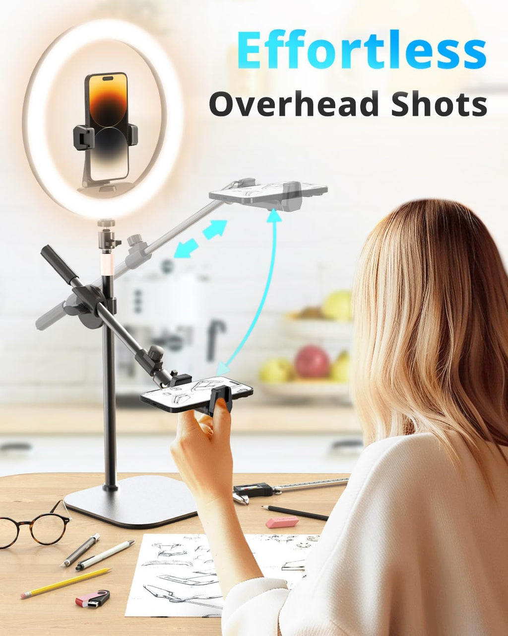 UBeesize 12" Desk Ring Light with Stand and Phone Holder, Overhead Phone Mount for Video Recording, Zoom Meeting, Live Streaming, Tiktok, YouTube，Compatible with iPhone, Android, Cameras