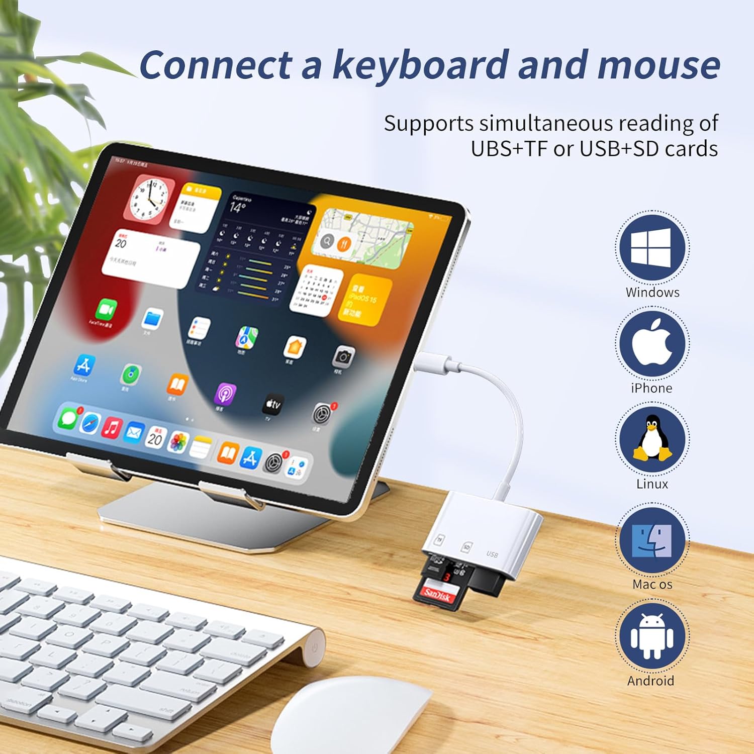 USB C SD Card Reader，SD Card Reader USB C for iPhone 15 16/iPad/Mac/Laptop，3 in 1 sd Card Reader with Dual Slots & USB Port for Mac MacBook Pro/Air/Mini Android Laptop More USBC Typec Devices