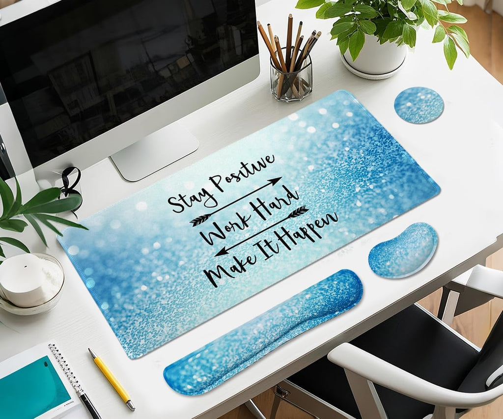 Large Mouse Pad and Keyboard Wrist Rest, Desk Pad for Keyboard and Mouse, 4-in-1 Large Gaming Mouse Pad with Wrist Support for Home Office Study Game-Stay Positive