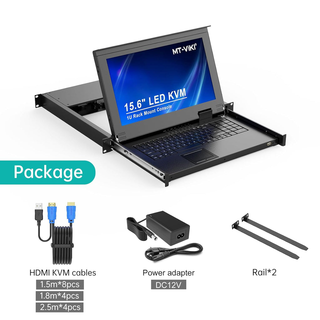 MT-VIKI 16-Port HDMI LCD KVM Console, 1U Rack Mount with 15.6'' LCD Monitor, 1080P@60Hz + 16 KVM Cables, for Short-Depth & Standard Rack