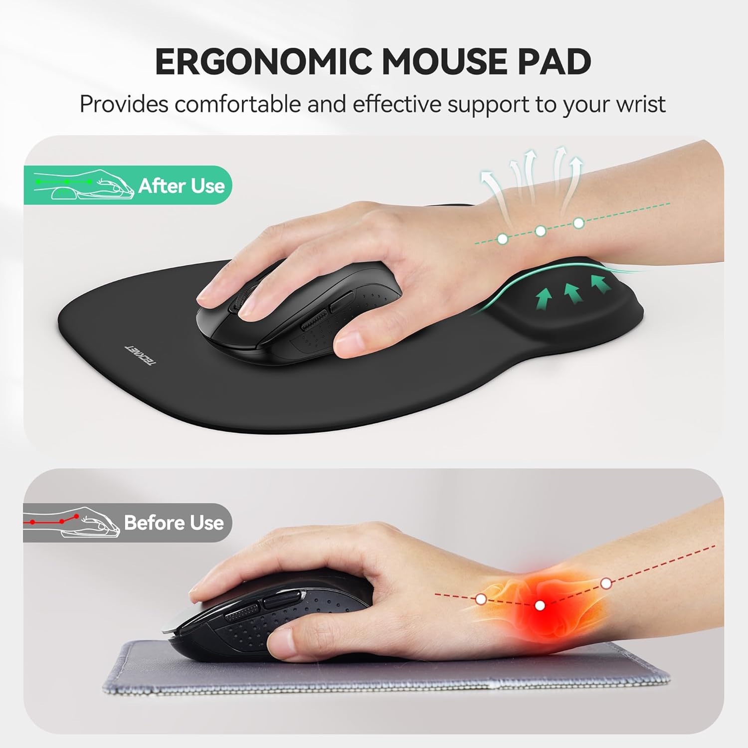 TECKNET Gel Mouse Pad with Wrist Rest, Ergonomic Office Mousepad with Wrist Support - Non-Slip & Smooth Surface Comfortable Desk Accessories Mat for Office, Gaming and Study - Charcoal Black