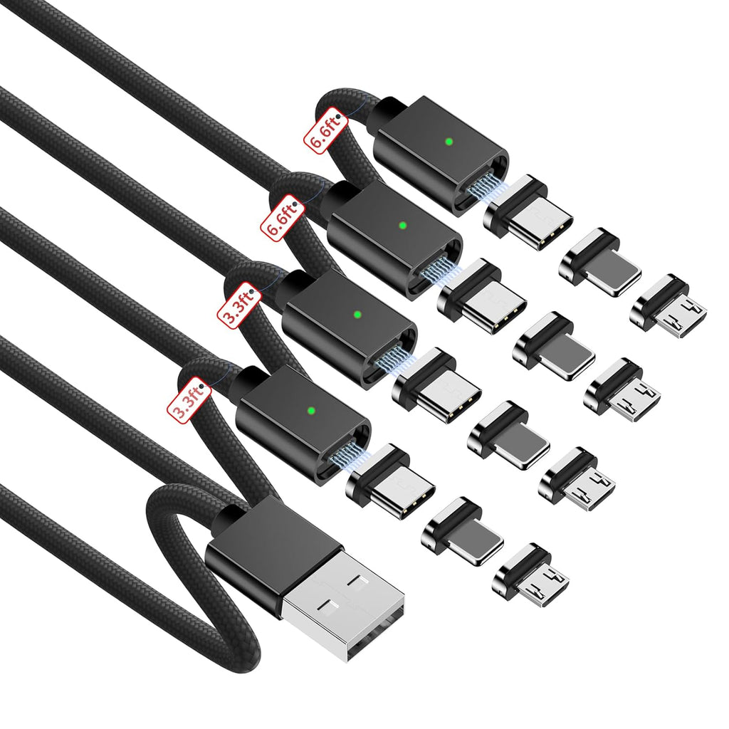 ZBF Magnetic Charging Cable 3A Fast Charging (4-Pack, 3.3/3.3/6.6/6.6 ft) 3 in 1 Magnetic Phone Charger, 480Mbps Data Transfer, USB A to Type C Charger Cable for USB-C/IproductMicro USB Device(Black)