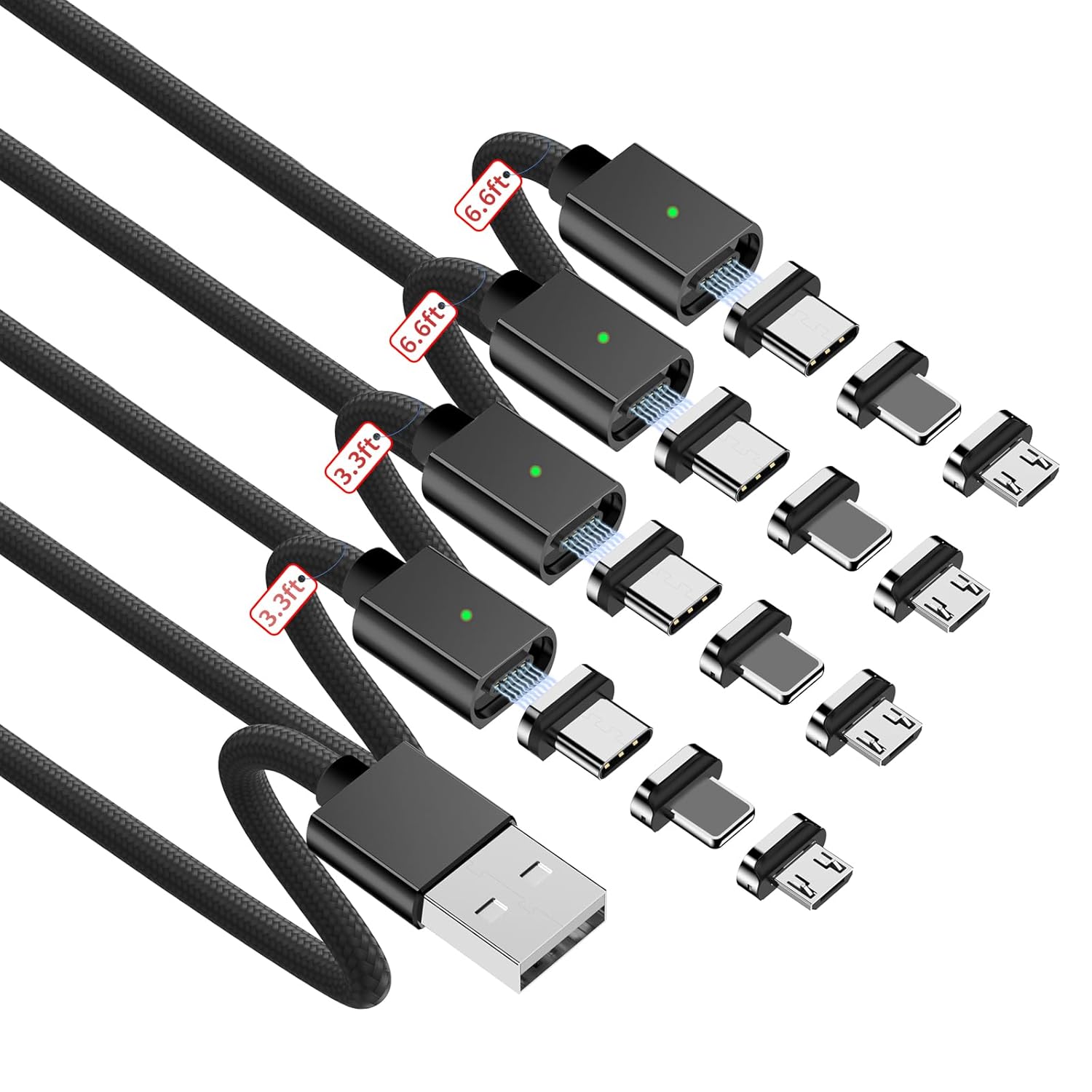ZBF Magnetic Charging Cable 3A Fast Charging (4-Pack, 3.3/3.3/6.6/6.6 ft) 3 in 1 Magnetic Phone Charger, 480Mbps Data Transfer, USB A to Type C Charger Cable for USB-C/IproductMicro USB Device(Black)