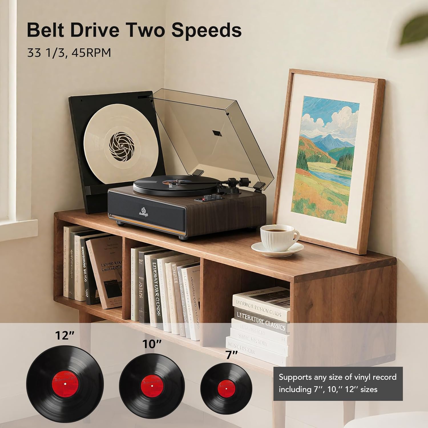 Vinyl Record Player Built in HiFi Stereo Speakers BT Wireless Input Belt Drive Iron Platter Turntables for Vinyls Records with MM Audio AT-3600L Cartridge Soft Warm Light Design Wooden Cream Brown