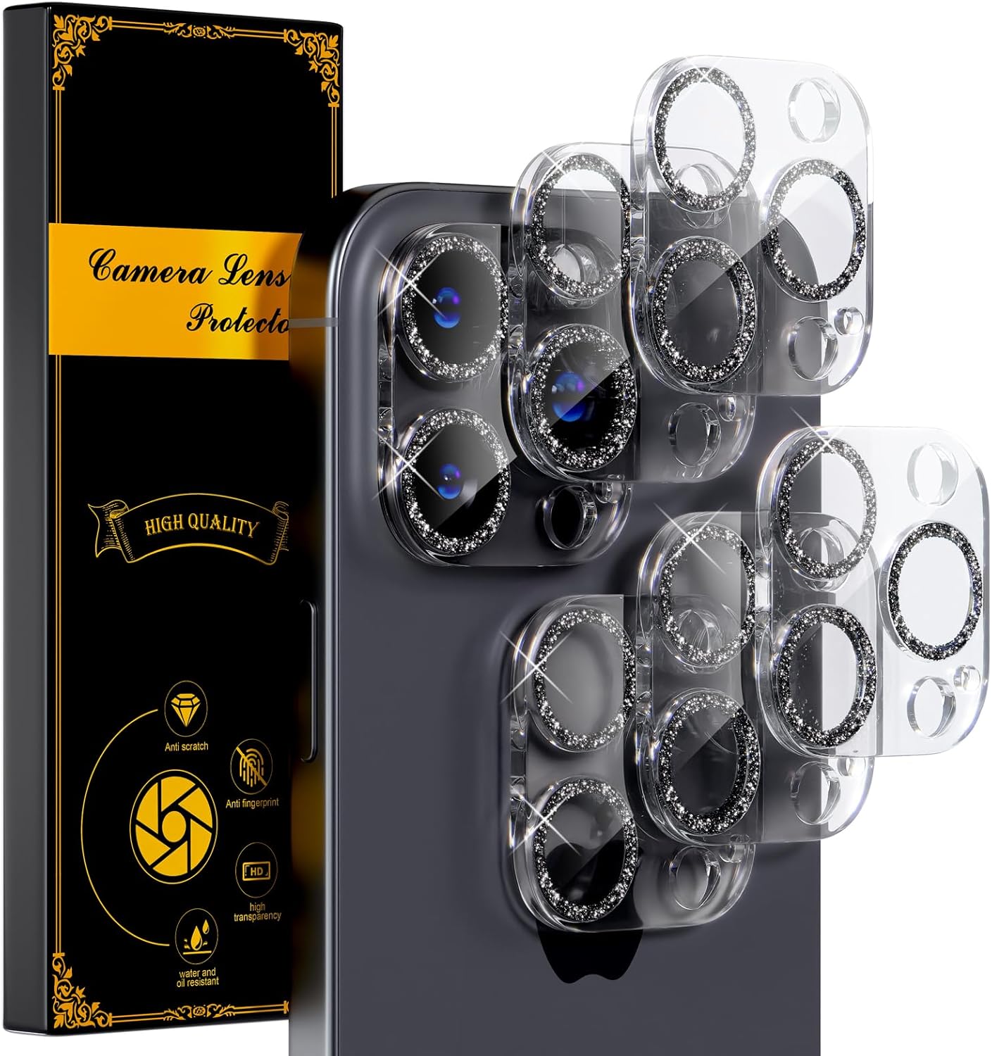 beuxece for 6 Pack iPhone 16 Pro/iPhone 16 Pro Max Camera Lens Protector [Drop Protection] [Case Friendly] [Easy Installation] 9H Tempered Glass Camera Screen Protector Cover, Glitter Black