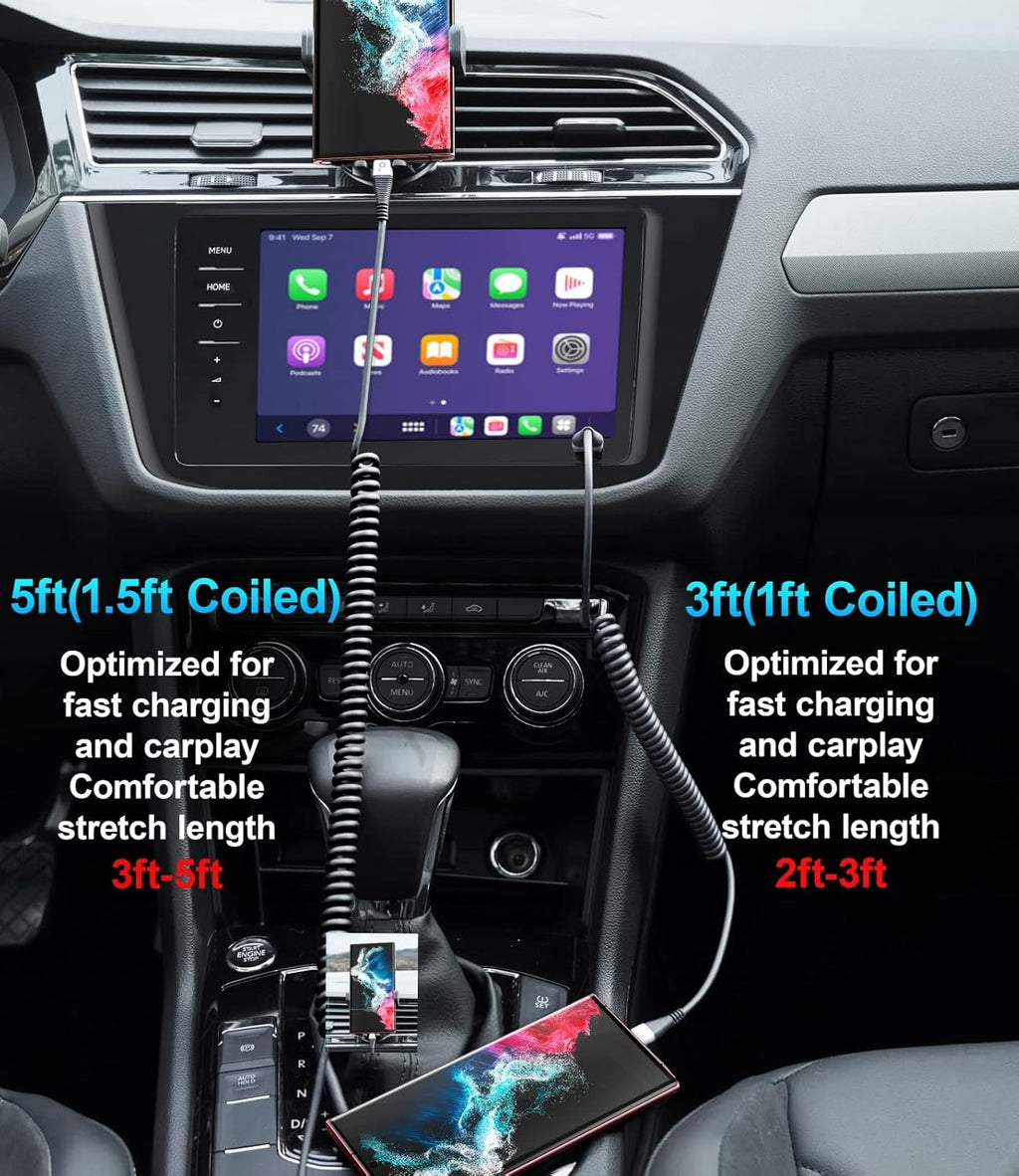 USB Type C Coiled Cable Fast Charging (3FT/5FT), 2Pack Android Auto Charging Cord for Car, Short USB A to USB C Charge Cable Compatible with iPhone 16/15/Pro Max/Samsung Galaxy S20 Note 10 and More