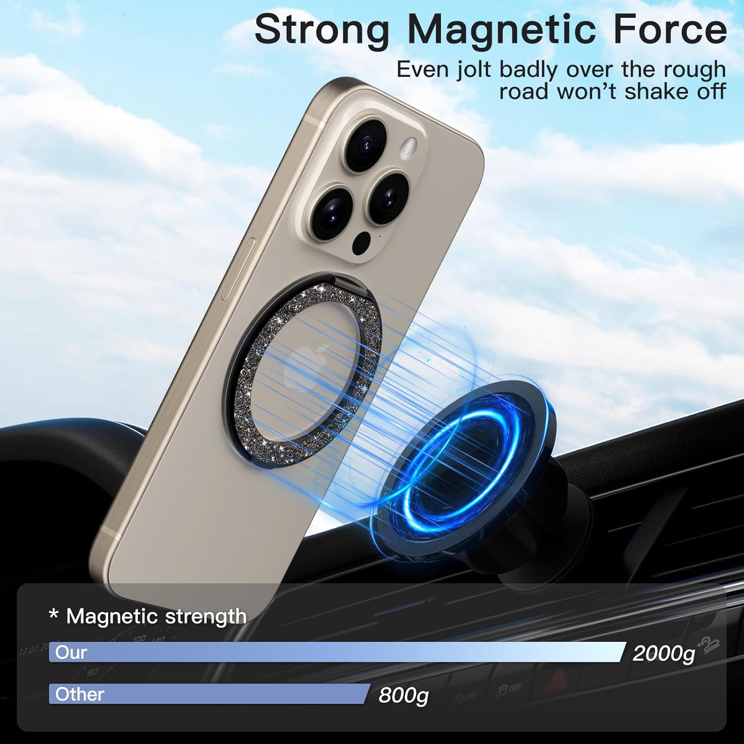COOLQO 1Pc 360 Spin Cell Grip Ring Phone Stand [Upgrade Gear Hinge Stress Relief] Magnetic Holders for Your car Accessories Desk Mount Compatible with iPhone All Smartphone, Glitter Black