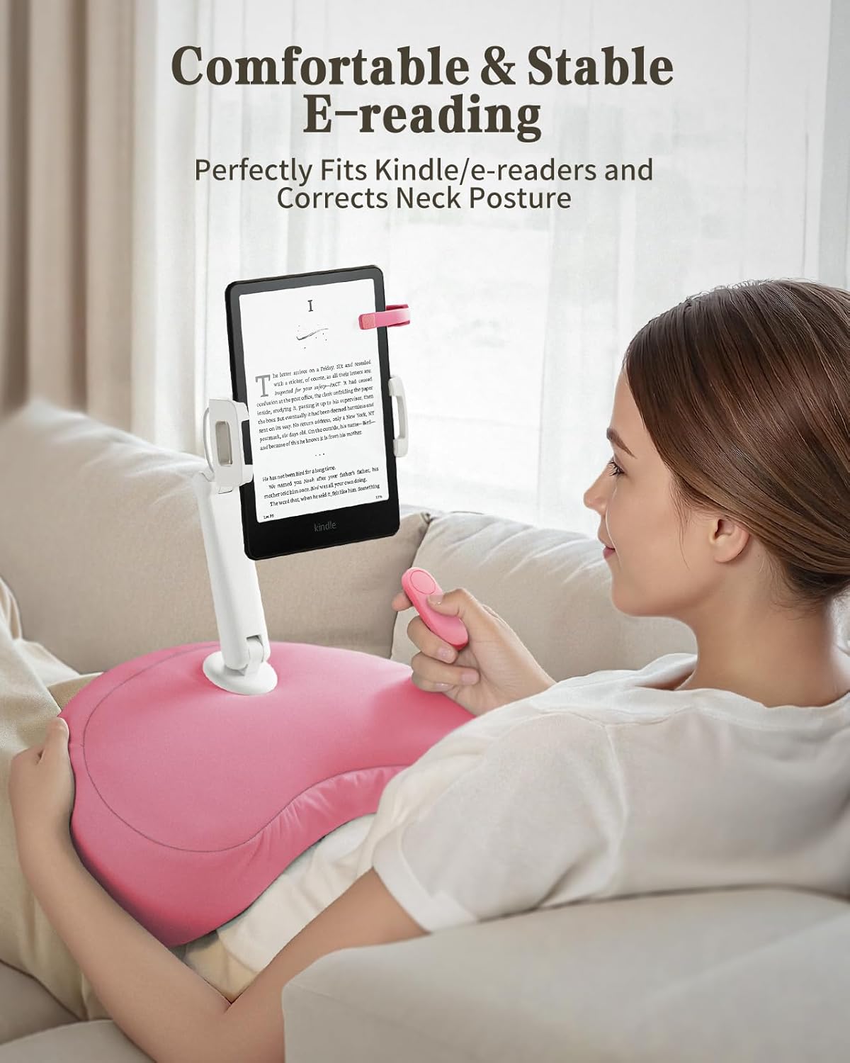 SAIJI Kindle Pillow Stand, iPad Stand Compatible with 4.7”-15.6” Kindle, Phone, iPad, 360° Adjustable Tablet Holder for Bed with Flexible Dual Axis Arm and Microbead Cushion (Pink)