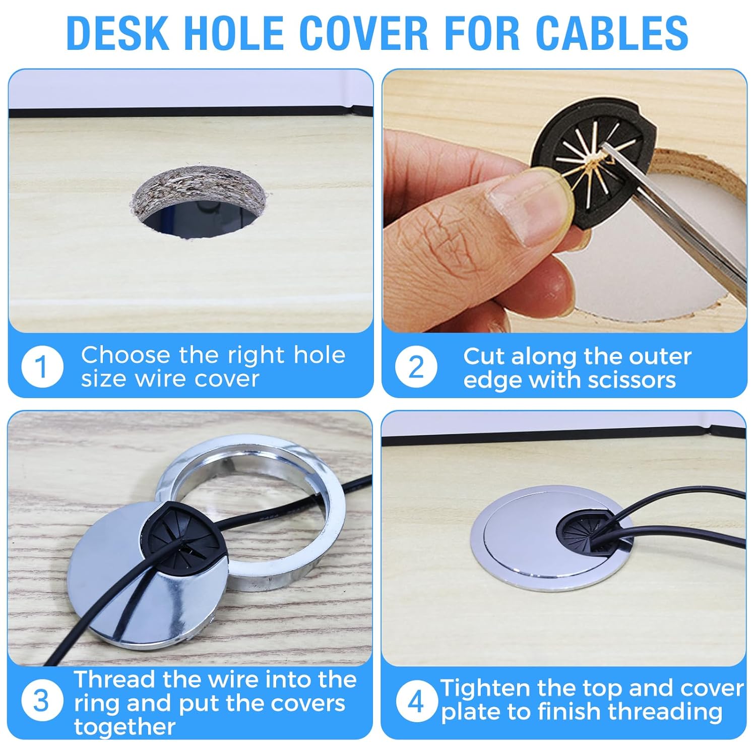 Desk Grommet 2-3/8" (60 mm), Desk Cord Hole Cover, Cable Grommet Metal Zinc Alloy Materilal, Desk Hole Grommet for Office and Home Table Cable, Detachable Cable Cord Organizer (Brushed Silver 2 Pcs)