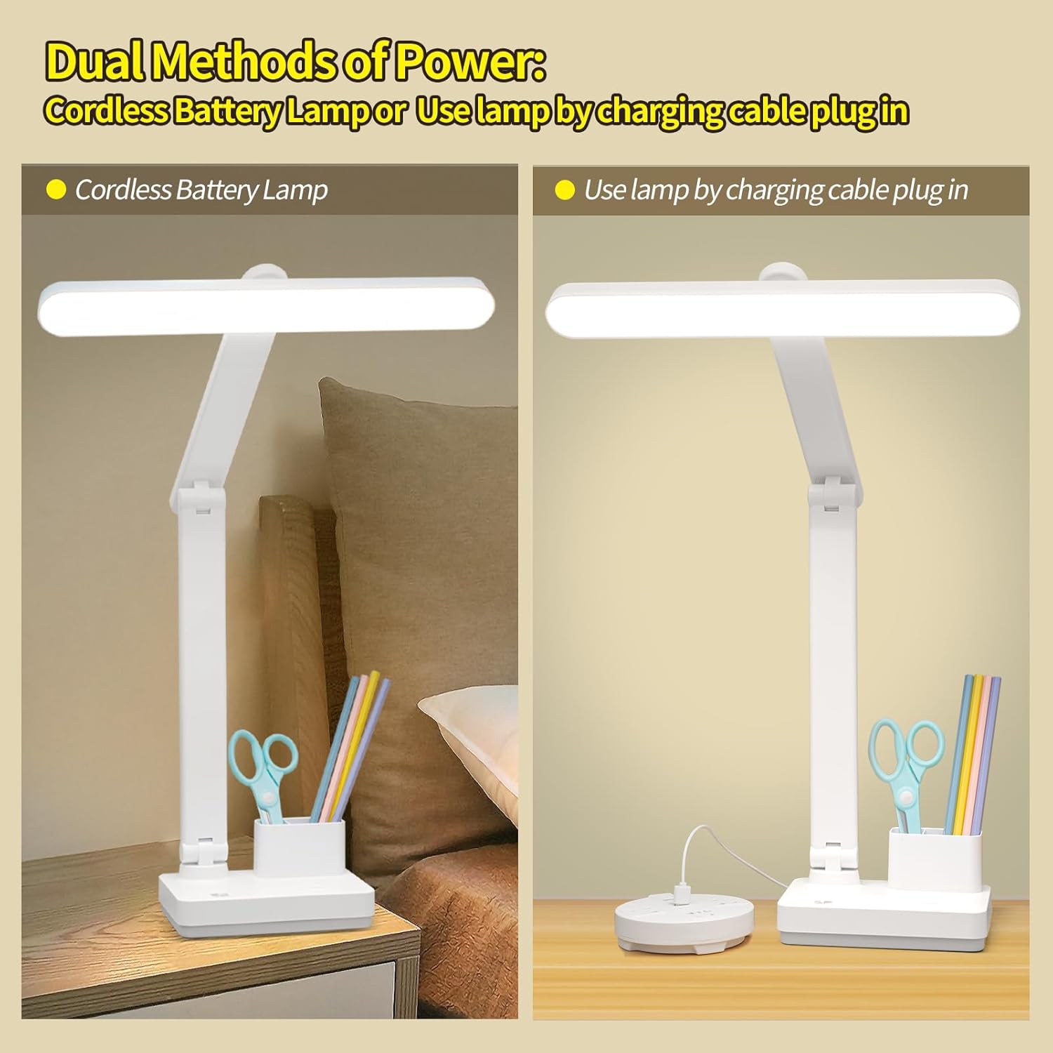 Cordless Desk Table Lamp Reading Light Rechargeable Battery 4000mah, Tall & Large Light 50 LED,Touch 3 Modes,2 Ways Power,Dimmable, Bedroom Bedside Lamp,20 Inch