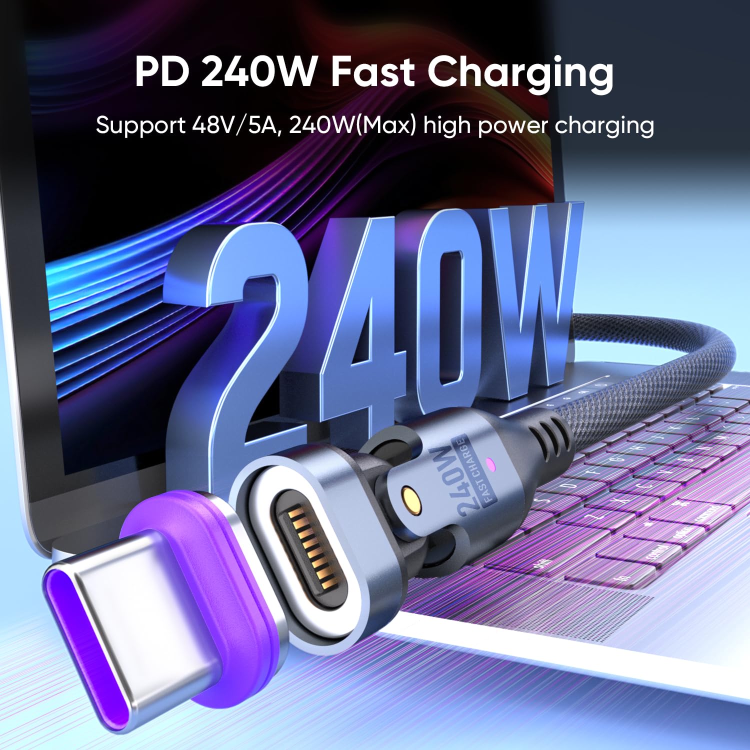 240W Rotating USBC to USB C Magnetic Data Cable, 3ft for Laptop/Tablet/Smart Phone