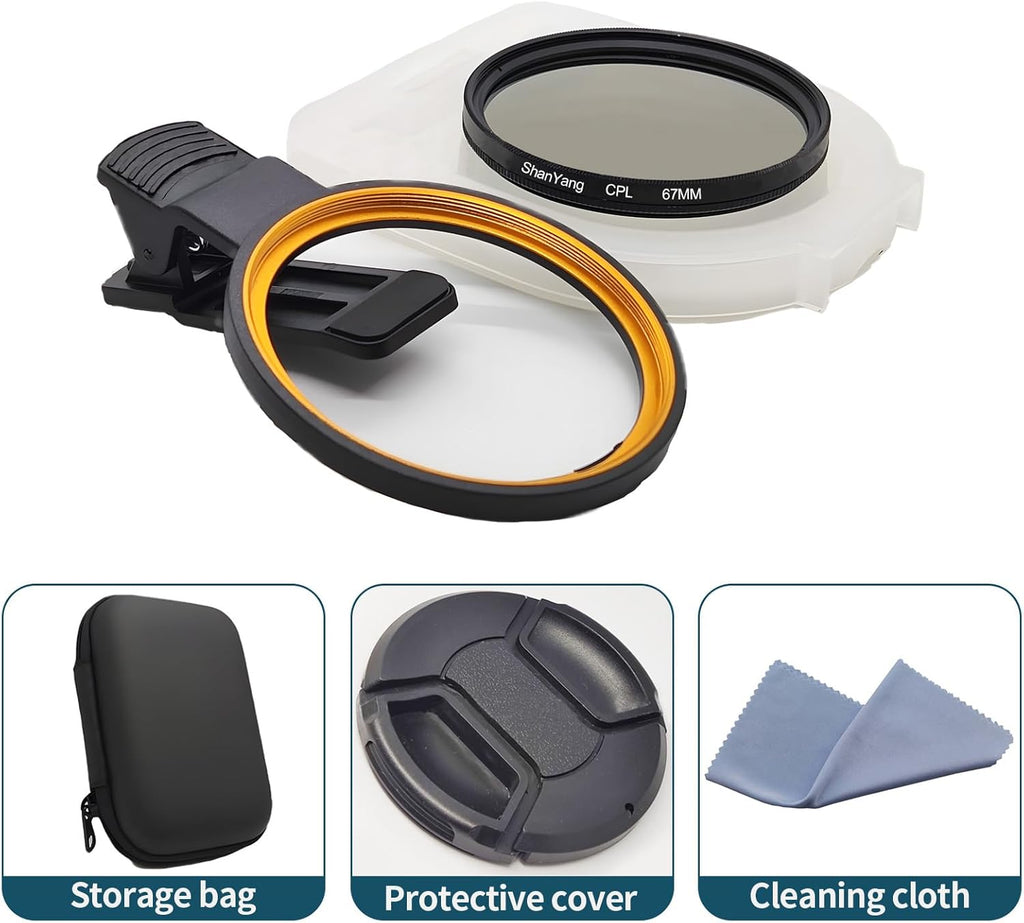 67mm Clip-on CPL Phone Camera Lens Filter, Polarized Camera Lens CPL Filter for iPhone 16 15 Pro Max Plus 14 13 Pro Max Mini 12 11 X XS Max Galaxy