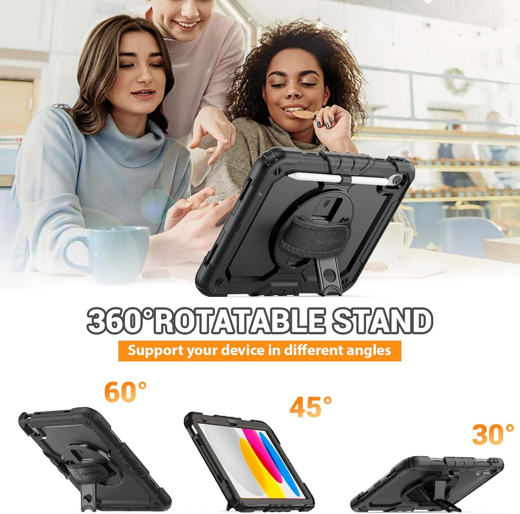 SEYMAC for iPad (A16) 11th/10th Generation Case 2025/2022 (11″/10.9″), Sturdy Heavy Duty Full-Body Shockproof Protective Case with Screen Protector, Rotating Stand, Hand/Shoulder Strap, Black