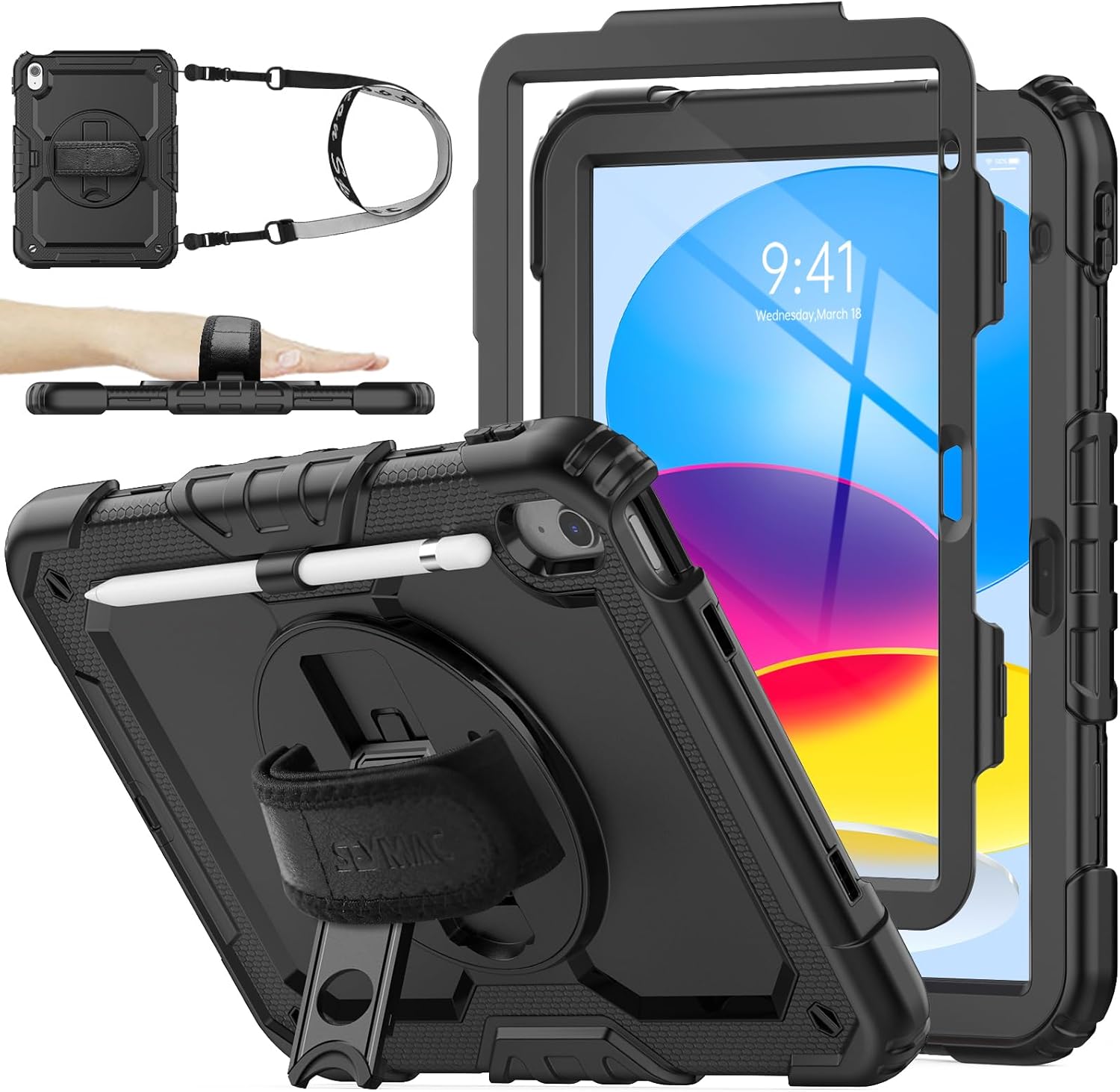 SEYMAC stock Case for iPad (A16) 11th/10th Generation 11''/10.9'' 2025/2022, Full-Body Drop Protection Case with Screen Protector &360° Rotate Hand Strap/Stand, Black