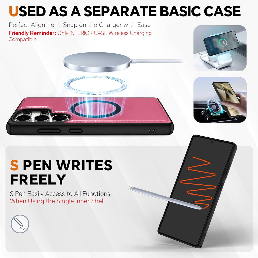 TUCCH Case for Galaxy S25 Ultra, [Detachable] 2 in1 Magnetic PU Leather Wallet Case Wrist Strap RFID Blocking [Wireless Charging] 4 Card Holder Stand Removable Cover for Galaxy S25 Ultra, Hot Pink