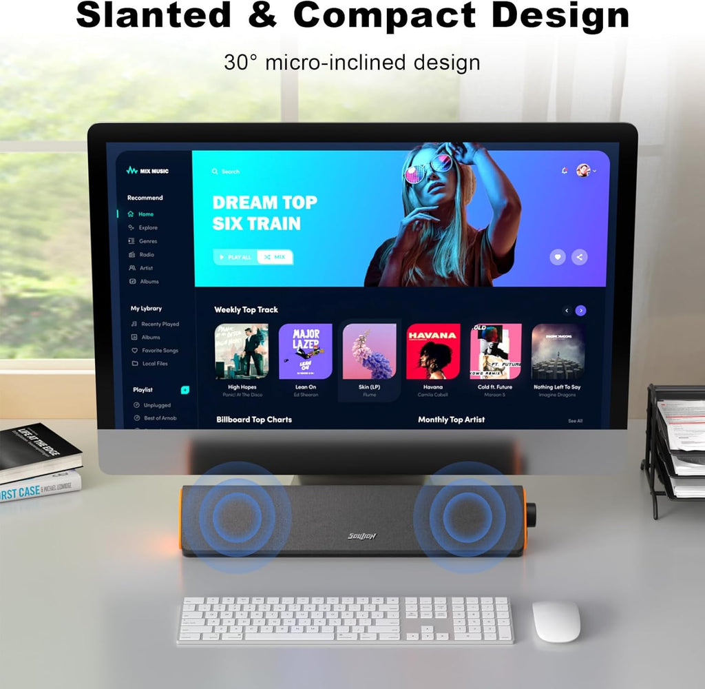 SOULION R50 Bluetooth Computer Speakers, 3.5mm PC Sound Bar for Desktop Monitor, Wired USB Powered & Colorful LED Lights with Switch Button, Surround Sound Soundbar PC Spearkers for Computer