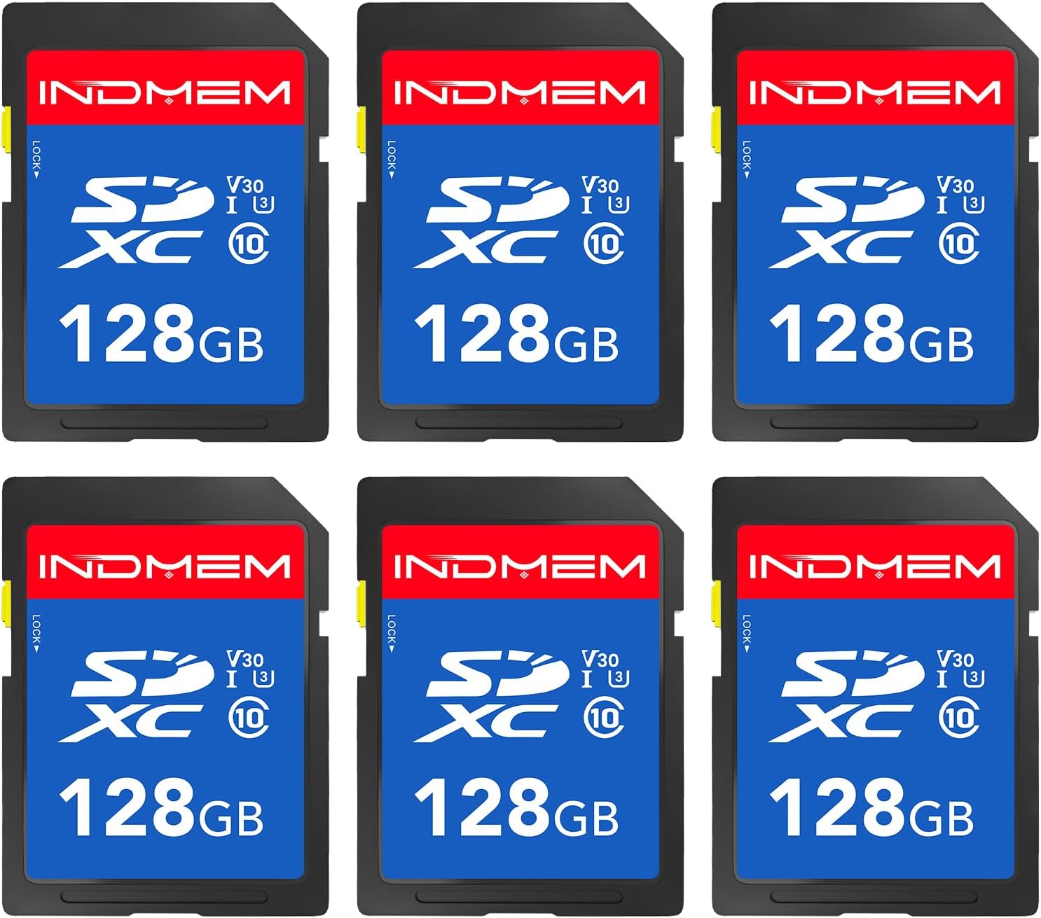 INDMEM SD Card 128GB 6-Pack, Class 10 128GB High Speed up to 90M/S Full HD Video Flash Memory Card MLC Standard Secure Digital Cards Camera Cards