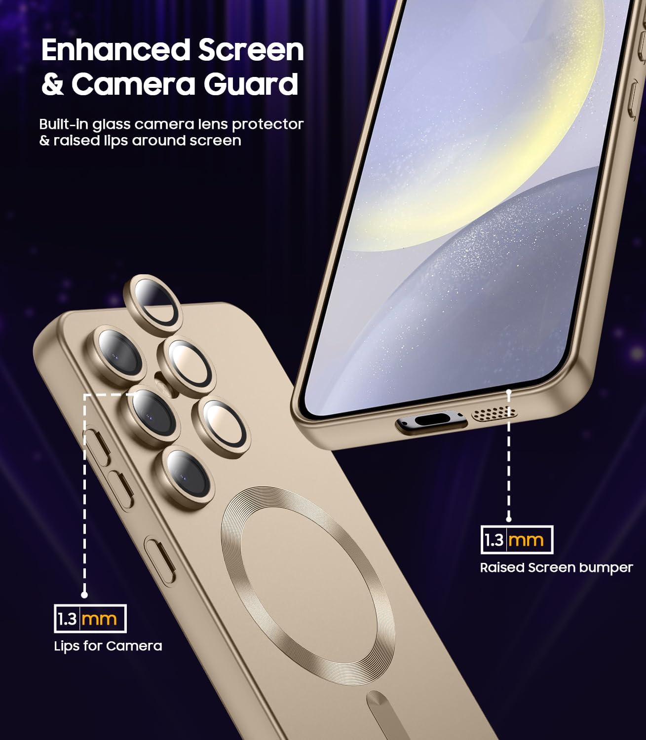 Magnetic for Samsung Galaxy S24 Case [Compatible with MagSafe][Built-in Camera Lens Protector] Slim Soft Silicone Bumper Shockproof Metallic Luster Phone Case (Gold)