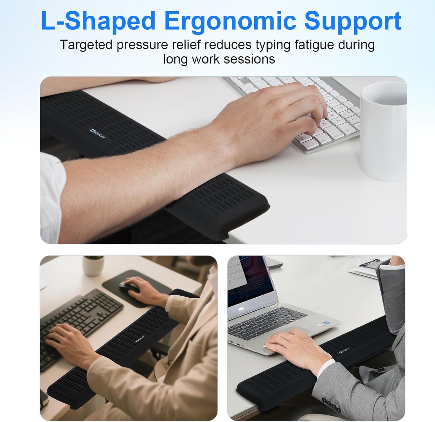 UnivoColors PostureUp L-Shaped Desk Long Wrist Rest Elbow, Non-Slip, Memory Foam, Desk Edge Support, Ergonomic Design for Long-Hour Work (23.6 * 3.9 inch One-Piece Design,Black)