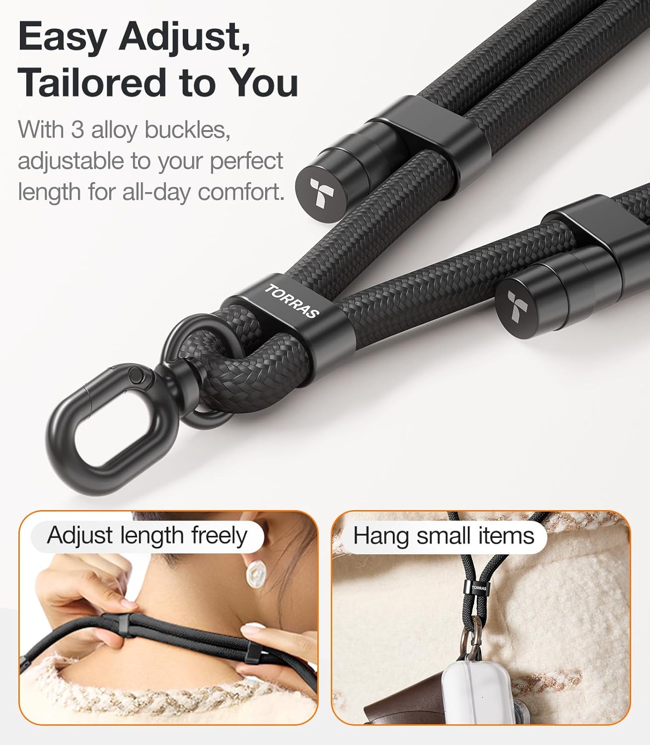 TORRAS Phone Lanyard Crossbody with 2 Phone Tabs, Adjustable Anti Theft Phone Strap for All Phones, Premium Metal Buckles, Skin-Friendly, Universal Cell Phone Neck lanyard for Travel Essentials, Black