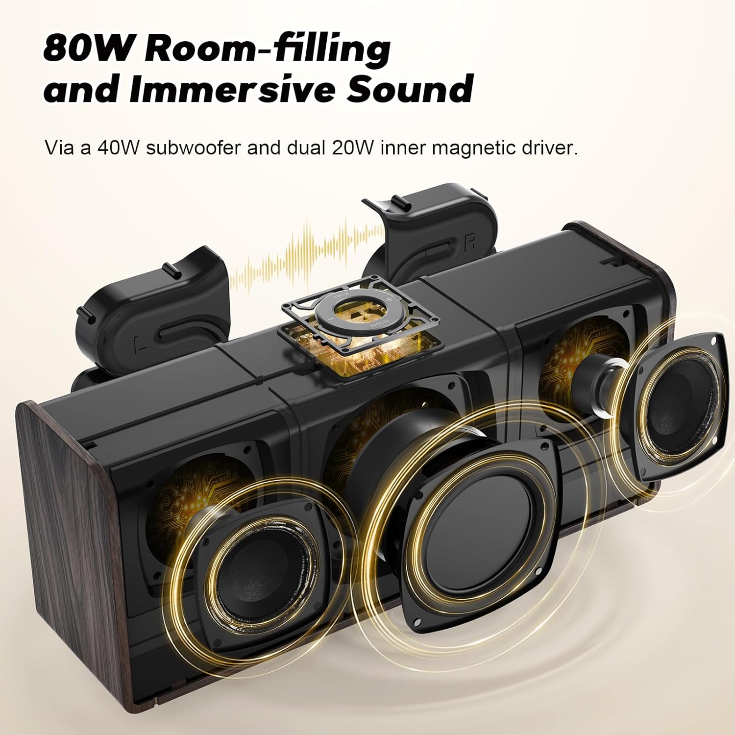 DOSS SoundBox Ultra Bluetooth Speaker with 2.1 Channel Audio, 80W Superior Sound with Deep Bass, Two DSP Technologies, 18H Playtime, BT 5.3, Wireless for Home, Office, Bedroom-Gold