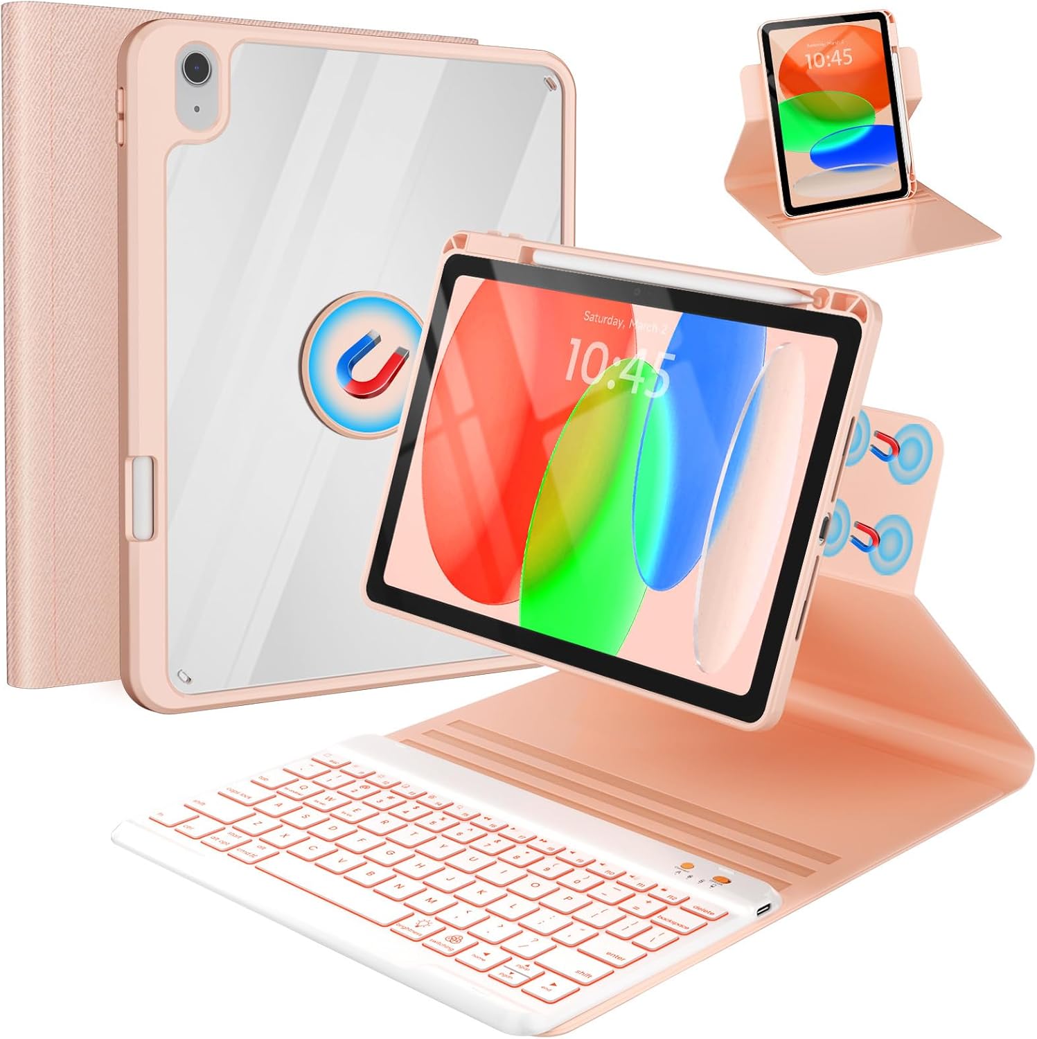 BLUTLOTUS for iPad 11th (A16) 10th Generation Case with Keyboard (2025/2022) - 360° Rotatable Magnetic Folio Cover, 7 Color Backlit Detachable Keyboard with Pencil Holder (Rose Gold)