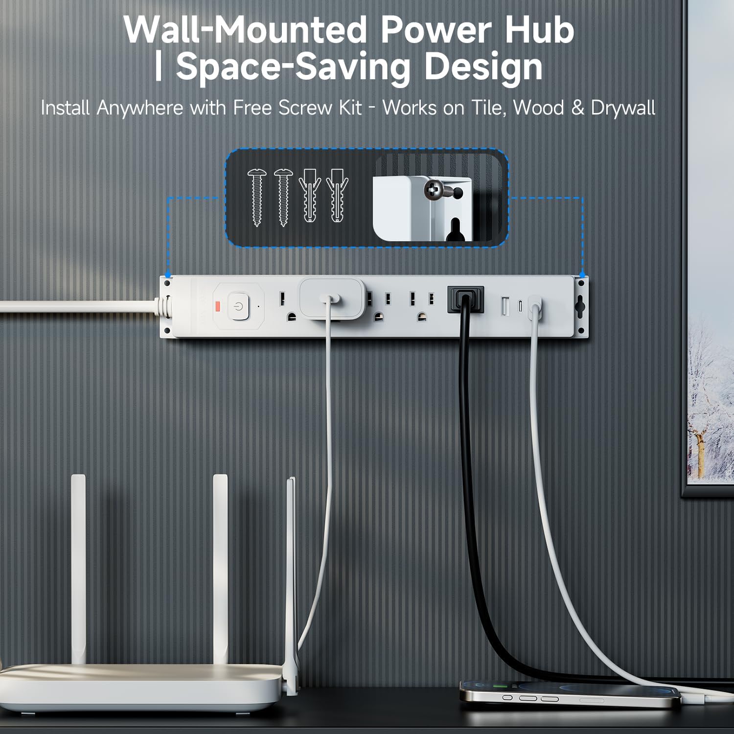 10 Ft Power Strip Surge Protector with USB Ports, Flat Plug Extension Cord, 5 AC Outlets and 3 USB Charging Ports, Wall Mountable, ETL Listed – White for Home, Office, Dorm