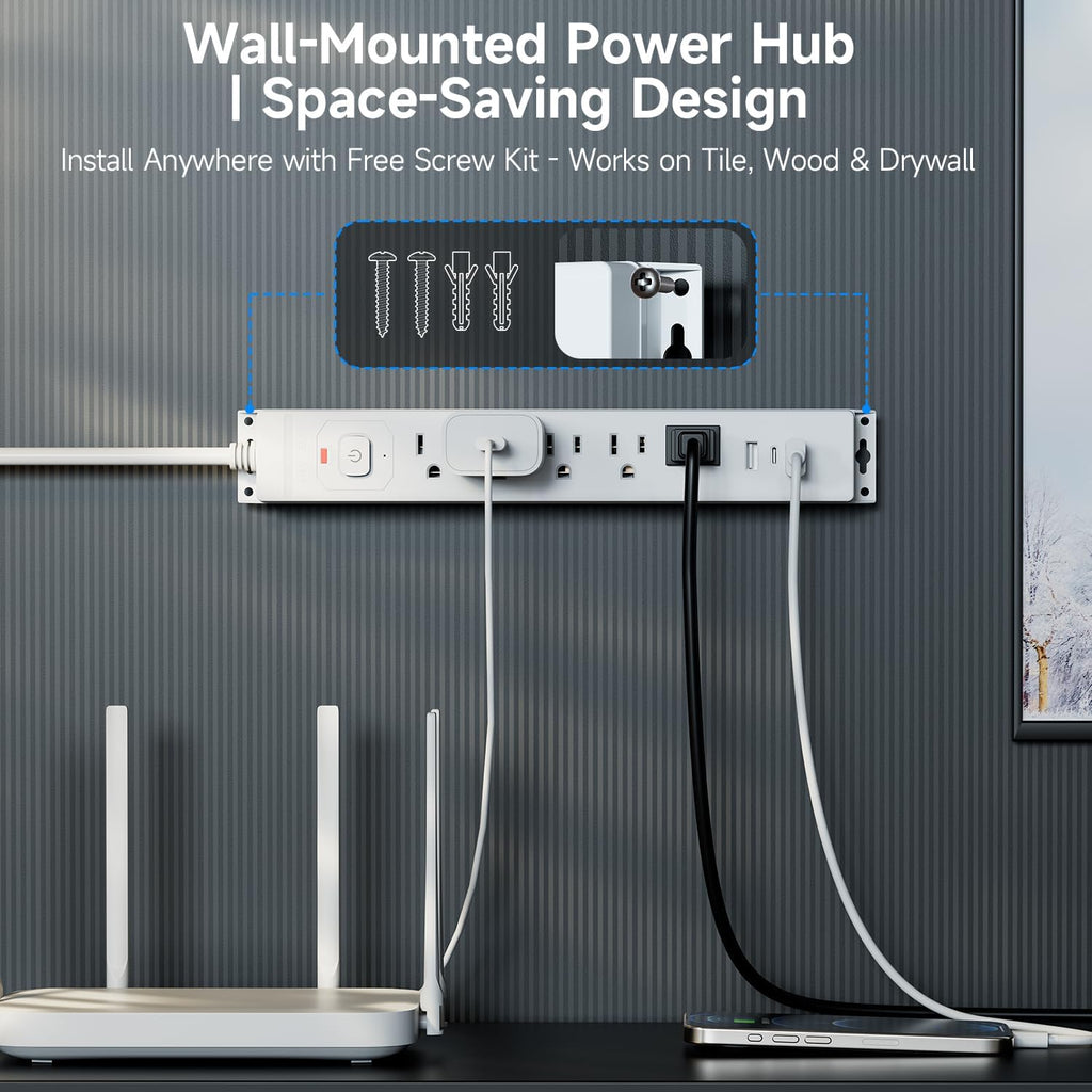 15 Ft Power Strip Surge Protector with USB Ports, Flat Plug Extension Cord, 5 AC Outlets and 3 USB Charging Ports, Wall Mountable, ETL Listed – White for Home, Office, Dorm