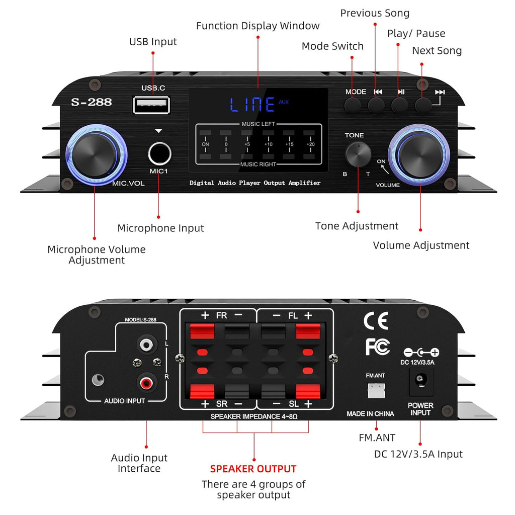 Facmogu S-288 4 CH Bluetooth 5.0 Home Audio Amplifier, RMS 45Wx4, Max 600W HiFi Stereo Power Amplifier USB, SD, FM Class D Speaker Amp for Home Theater Karaoke, with Power Adapter & Remote Control