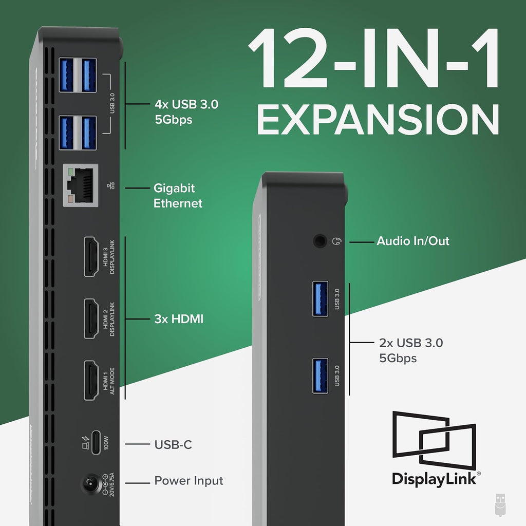Plugable USB C Triple Display Docking Station with Laptop Charging, for Thunderbolt, USB4, or USB-C Systems, Compatible with Windows, macOS, ChromeOS laptops (3X HDMI, 6X USB 5Gbps Ports, 100W PD)