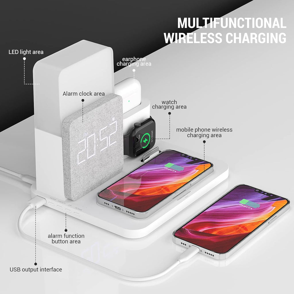 Wireless Charging Station, 7 in 1 Charging Station, Alarm Clock with Wireless Charger, Night Light, iPhone 12/13/14/15/16 Pro/Pro Max13 Mini/13 Pro Max/12 pro, AirPods